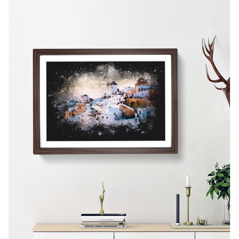 Oia Santorini Skyline in Greece - Picture Frame Graphic Art Print, 33cm H x 45cm W x 2cm D, Walnut Framed