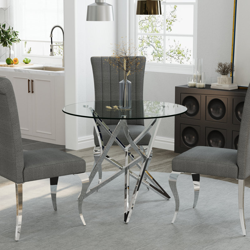 36 Inch Clear Tempered Glass Round Dining Table With Polished Metal Base, Silver