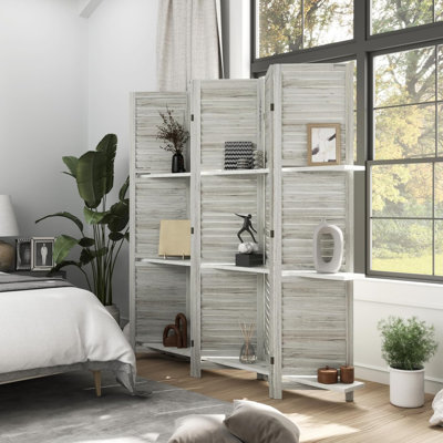 Paravent en bois à 6 panneaux pliant blanc avec 3 tablettes de rangement