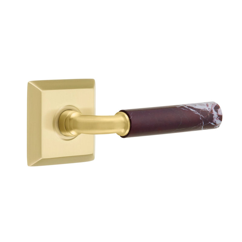 Emtek Select Privacy Leverset w/ Quincy Rosette & R-Bar Stem, Rosso Levanto Marble Lever (CF), Satin Brass