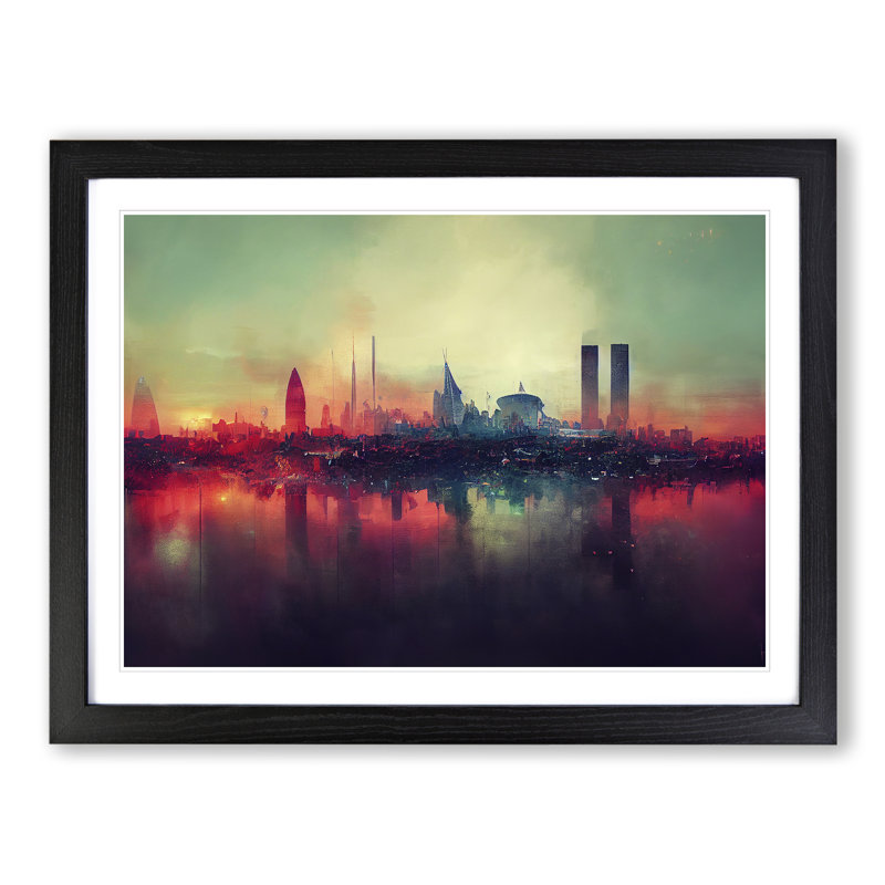 Dystopian London Skyline Abstract - Single Picture Frame Painting, Black, 46cm H x 64cm W x 2cm D