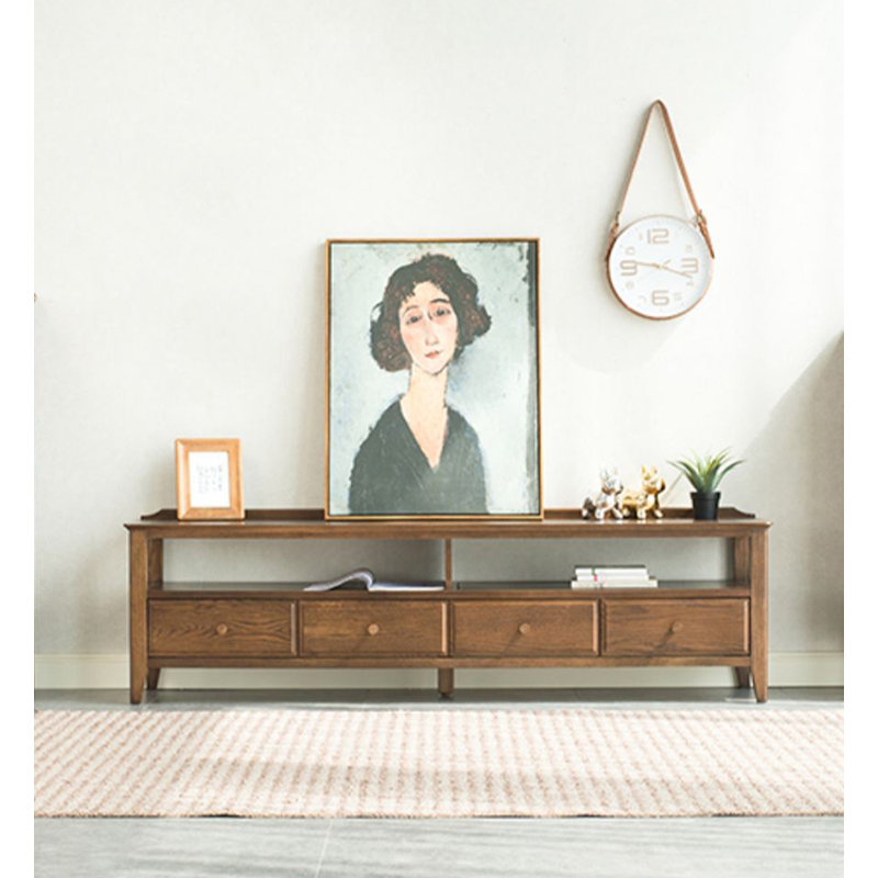 Meuble télé rétro en bois avec quatre tiroirs et tablette de rangement ouverte, 20.9" H x 70.9" W x 16.1" D