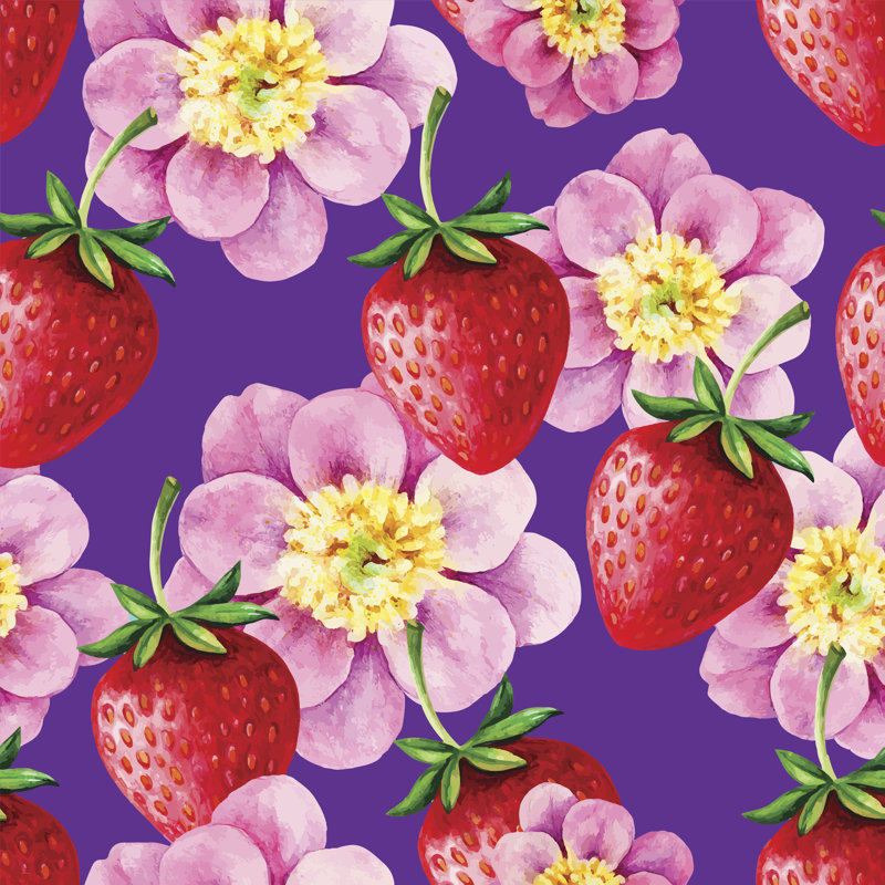 Leusa, un motif de fraises et de pivoines roses sur toile par Lublubachka, impression, H 12 po x l 12 po