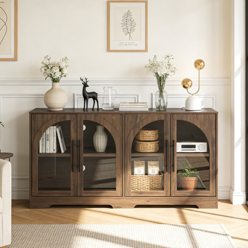 55" W  Rustic Display Buffet Cabinet With Arched Glass Doors, Modern Buffet Sideboard Coffee Bar Cabinet With Storage And Adjustable Shelves,For Kitchen,Living Room And Entryway