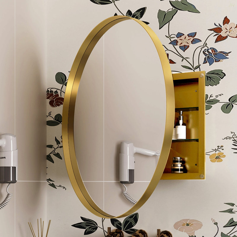 Armoire à pharmacie ronde avec cadre en métal 31,5 pouces avec miroir et tablettes réglables, Doré