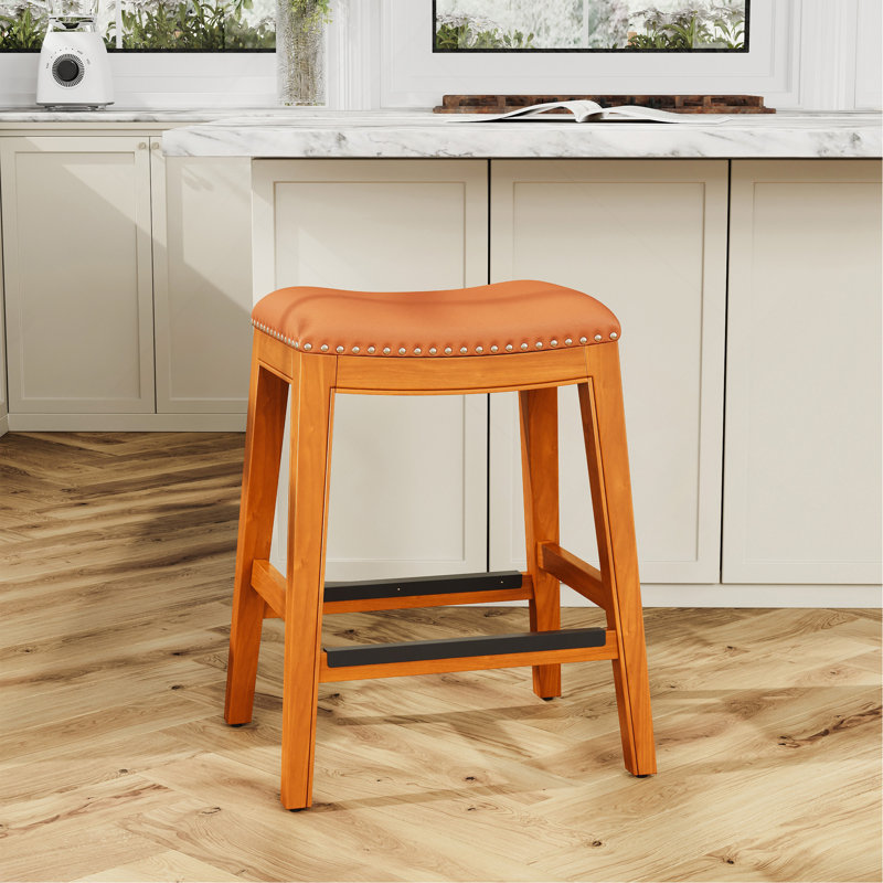 Tabouret de comptoir 24 po, finition naturelle, siège en cuir