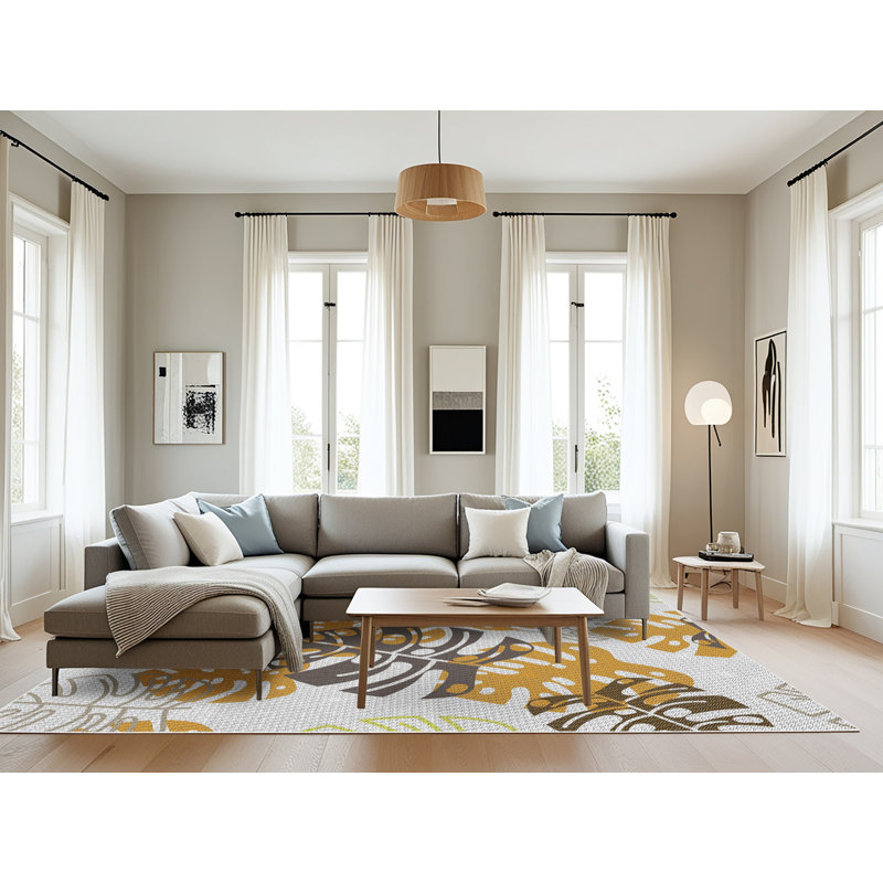 Tapis brun / jaune / gris à motif floral Crew Park, Rectangle 8 pi x 12 pi