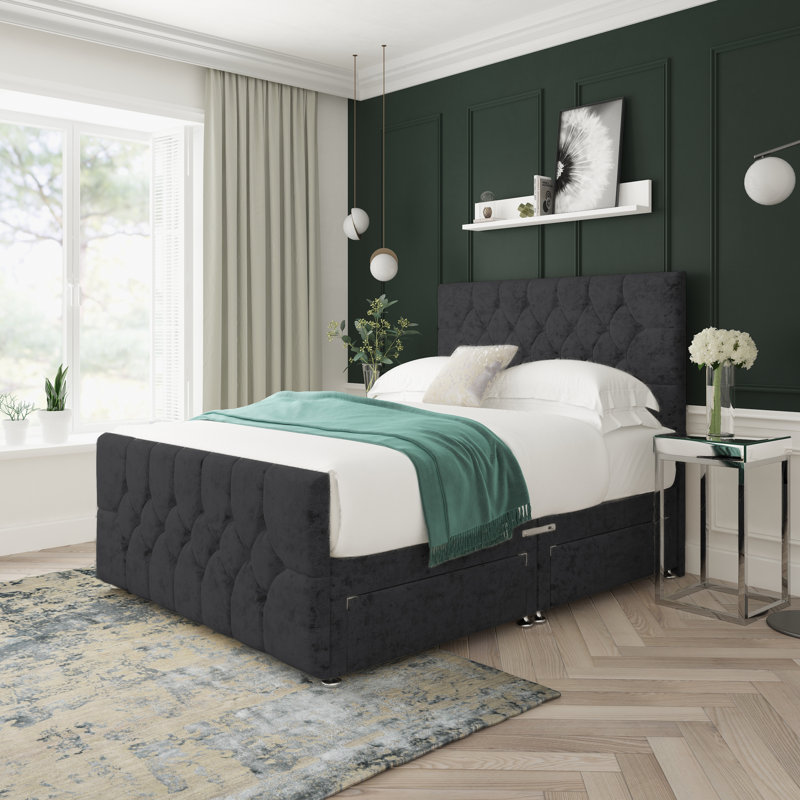 Upholstered Bed, Double (4'6), Black, 4 Drawers