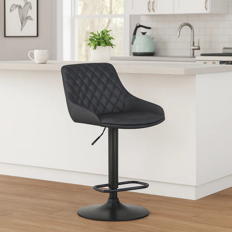 Priya Swivel Adjustable Height Bar Stool in Faux Leather Upholstery, and Pedestal Metal Base, Gray Seat/ Black Frame