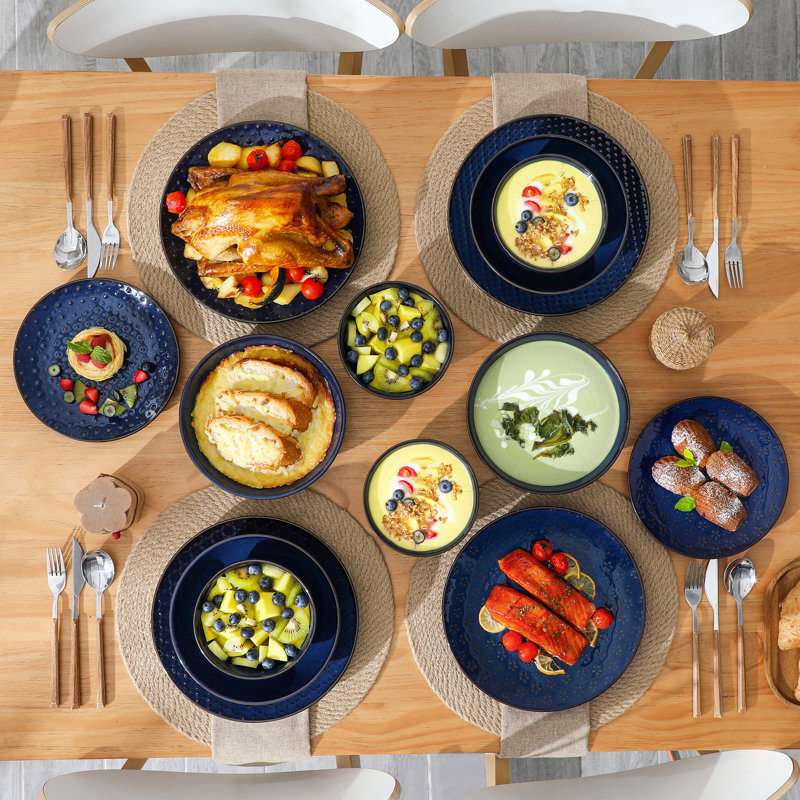 16 Piece Stoneware Dinnerware Set - Service for 4, Geometric Shapes, Blue