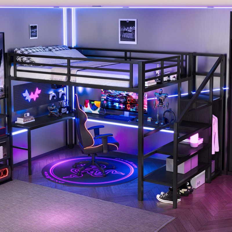 Lit mezzanine polyvalent en métal avec bureau en L et rangement intégré