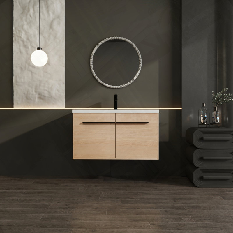 Ensemble de meuble-lavabo pour salle de bain avec comptoir en résine facile à assembler, Chêne, 35"