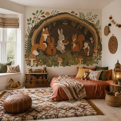 Forest Orchestra Wallpaper Woodland Animals Storybook Illustration Removable Wall Decor