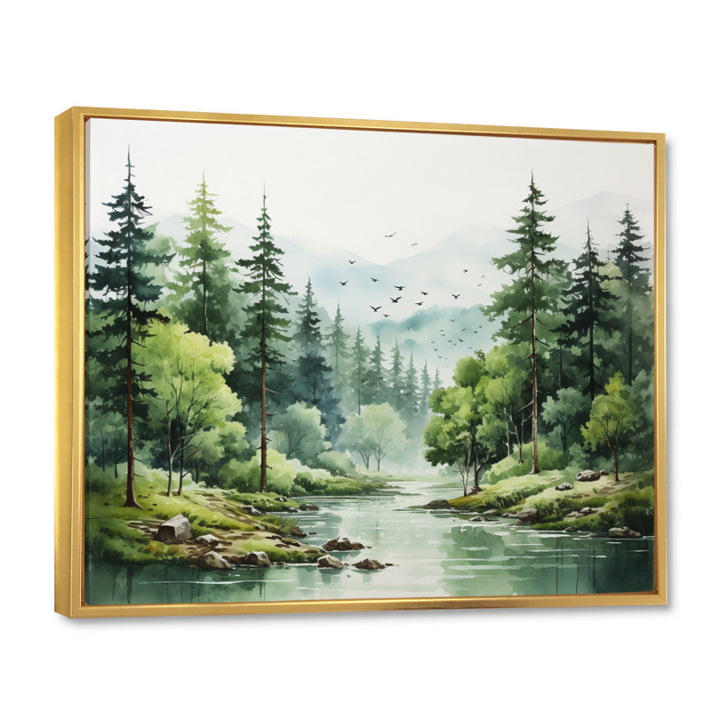 Tranquil Forêts, paysage I, art mural forêt pour le salon, H 34 po x l 44 po x P 1,5 po, Cadre flottant doré