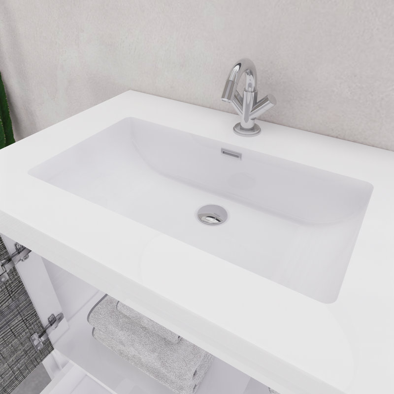 Ensemble de meuble-lavabo simple 29,6 po Eden, Blanc lustré/ bois de frêne gris