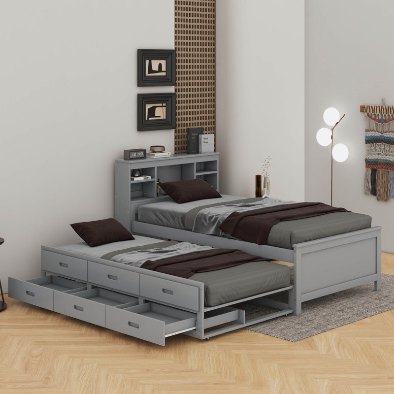 Platform Bed With Storage Headboard, USB,Trundle And Drawers, Grey, Twin