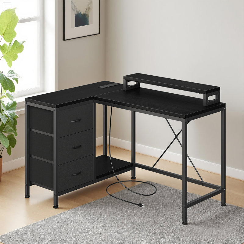 Bureau d'ordinateur en L 47 pouces avec prises de courant et lumières à DEL, 3 tiroirs, Noir