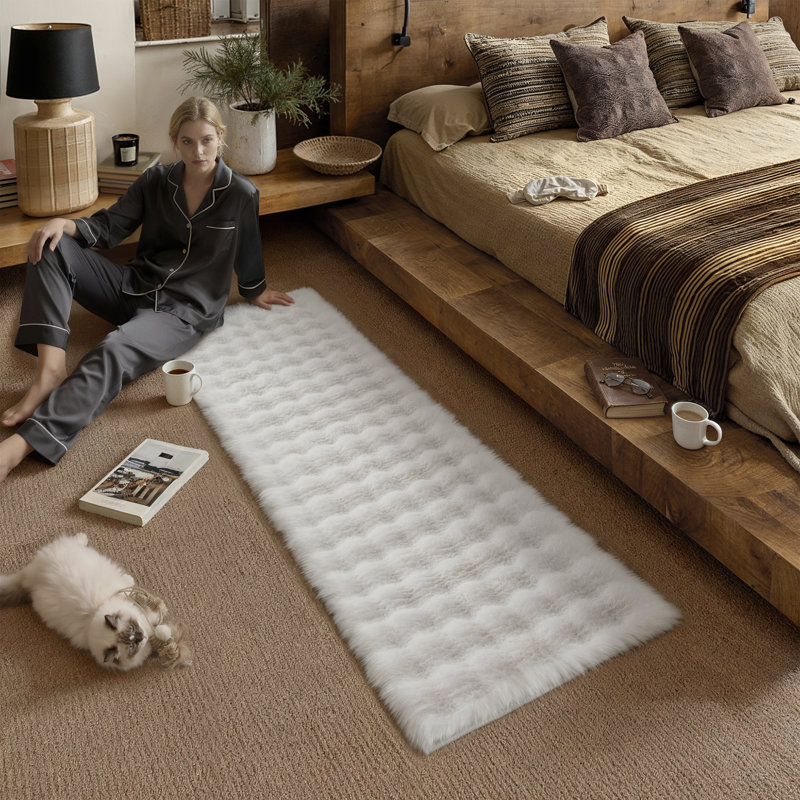 Tapis moderne en lapin uni doux et antidérapant lavable à la machine, Blanc, Runner 2' x 4'