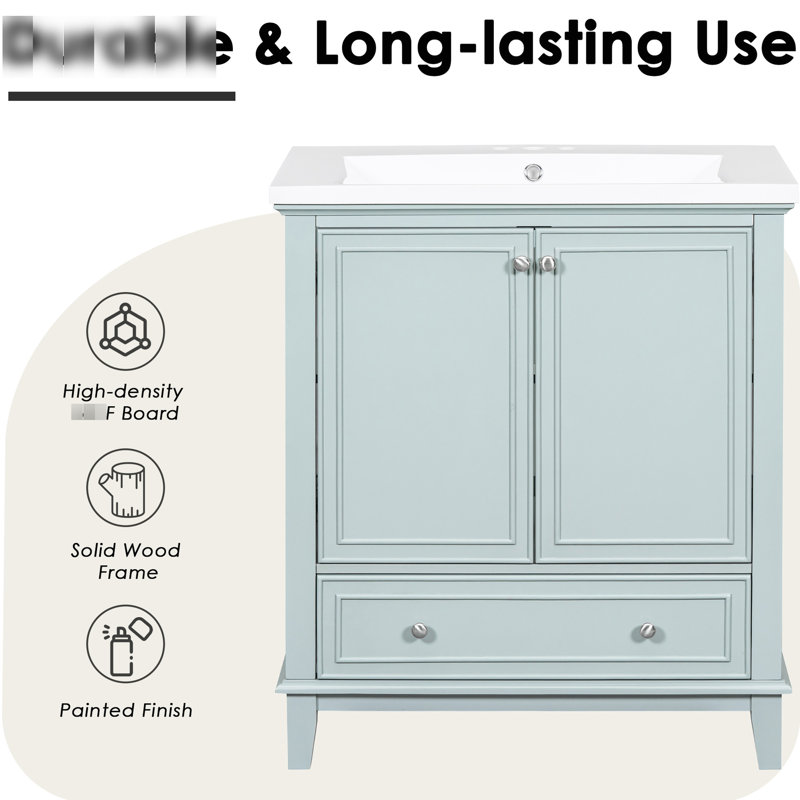 Meuble-lavabo moderne de 30 po avec lavabo encastré, panneau de rangement en bois massif et tablette réglable dans l'armoire, panneau de section amovible en peuplier, rangement fonctionnel