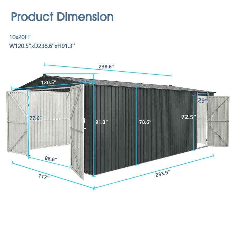 Industrial Heavy-Duty Metal Garage Shed 20'X10'