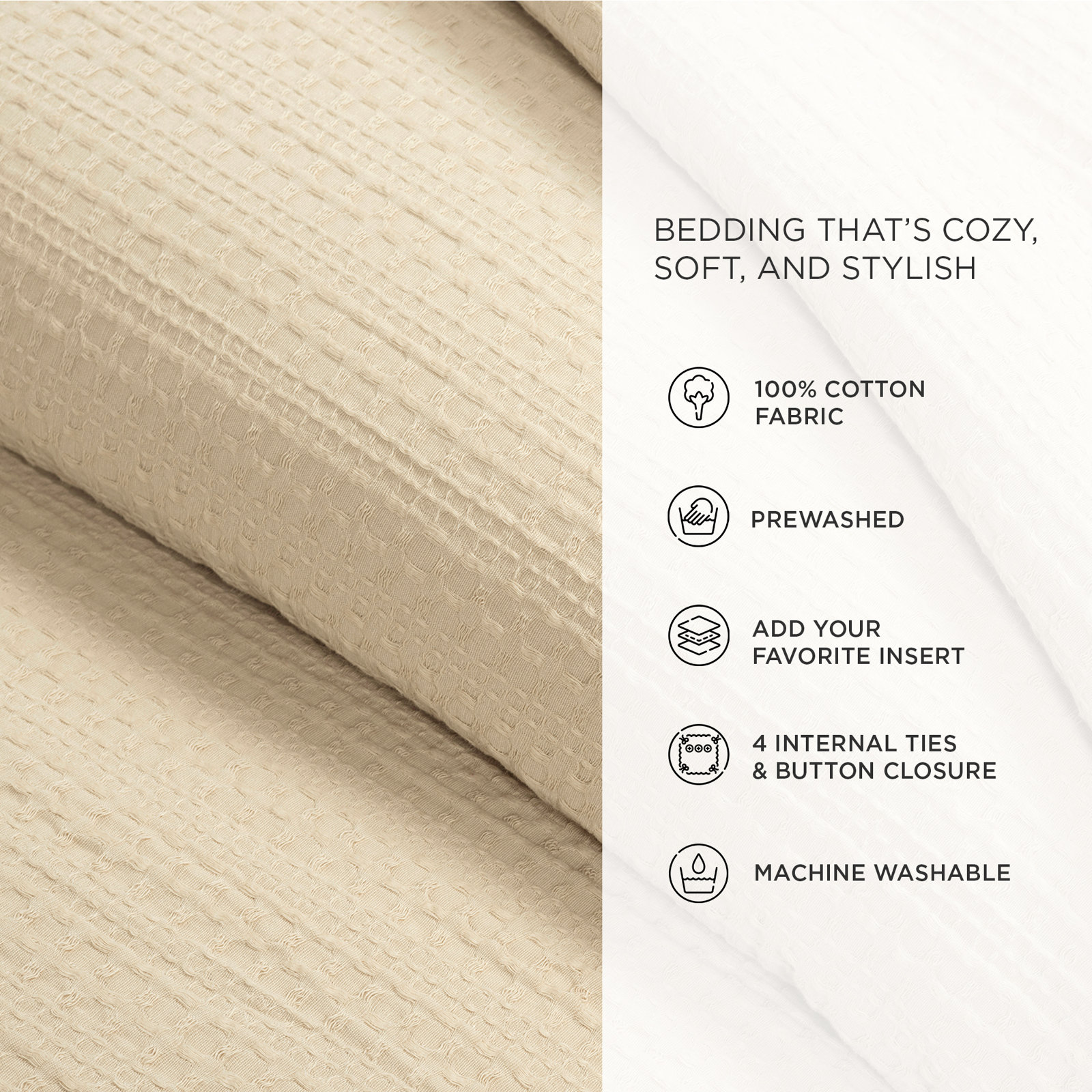 Haniya Solid Waffle Cotton Duvet Cover Set, Beige, King Duvet Cover + 2 King Shams