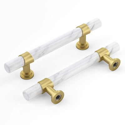 10-Pack Square Cabinet Pulls, White Marble Grain With Matte Gold Finish, Solid Zinc Alloy And Aluminum Construction, 96Mm (3-3/4 Inch) Center-To-Center Hole Spacing, Kitchen And Bathroom Drawer Handles