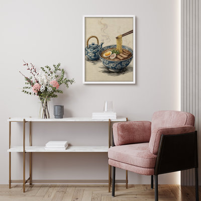 Ramen Bowl with Teapot Framed Wall Art Prints - Asian Food Art for Kitchen Dining Area