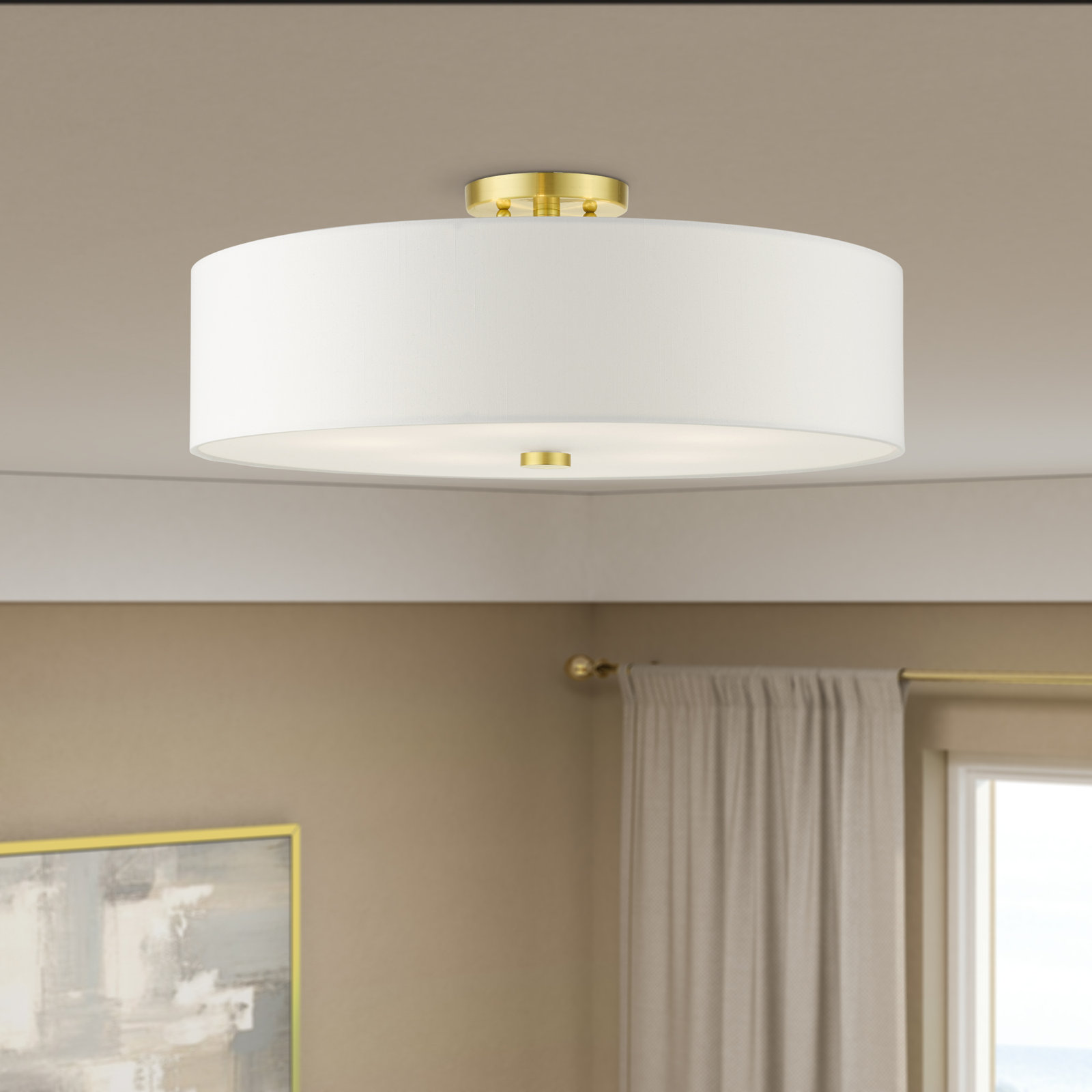 Flaire 5 Light Fabric Semi Flush Mount, Off-White, Satin Brass