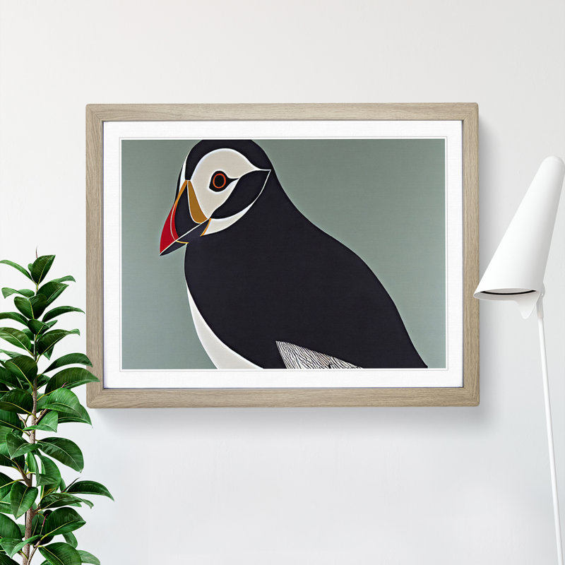 XH1022-6834X Peaceful Puffin Bird Abstract - Picture Frame Print, 46cm H x 64cm W x 2cm D, Oak Framed