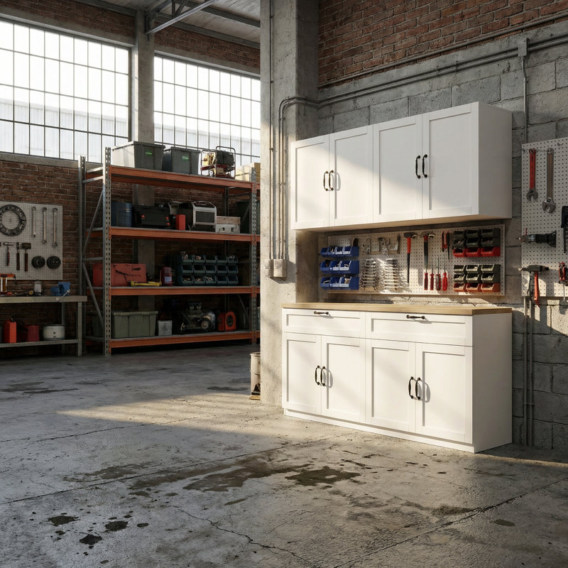 Split 8 Door 2 Drawer Garage Cabinet With Worktop, White