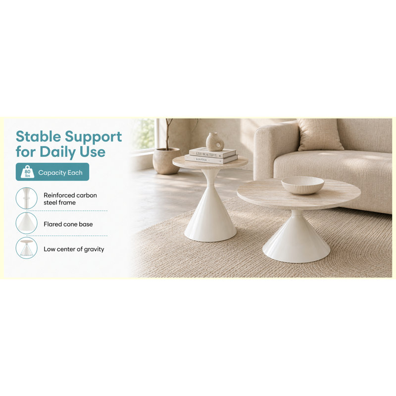 Ensemble de 2 tables basses rondes, plateau de table à motif en travertin et base en acier, finition blanche, tables d'appoint de salon multifonctionnelles