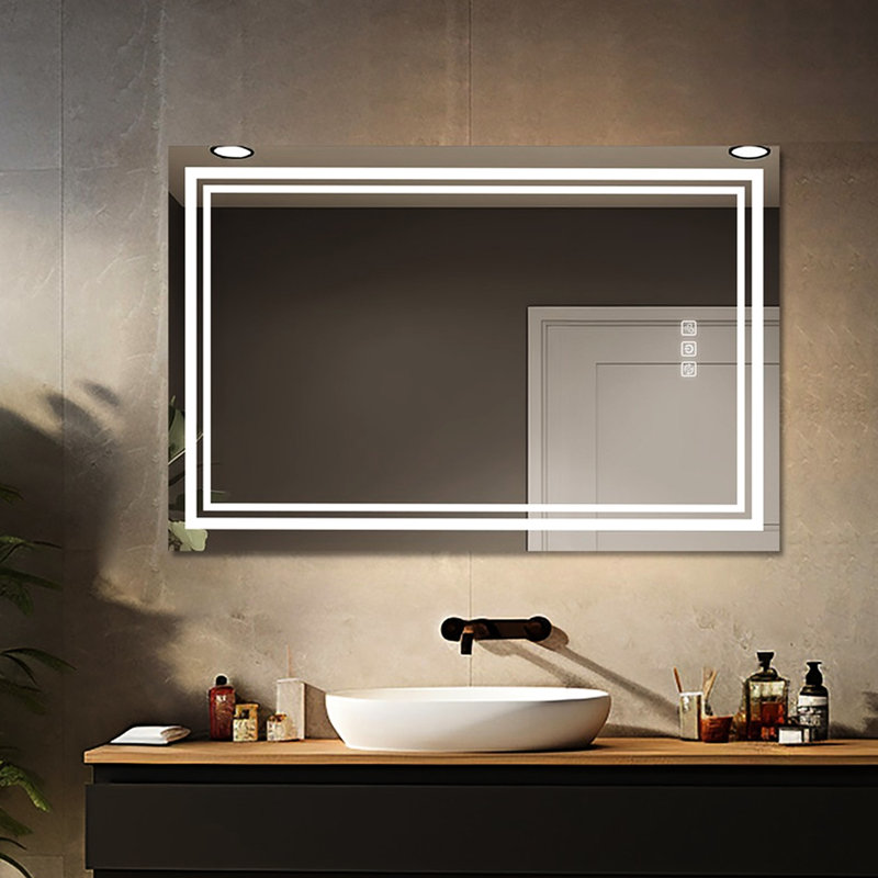 Miroir mural 48 po x 36 po à DEL, 5 minutes, 3 couleurs à intensité variable, façade de salle de bain à pleine réflexion réglable, lumineux