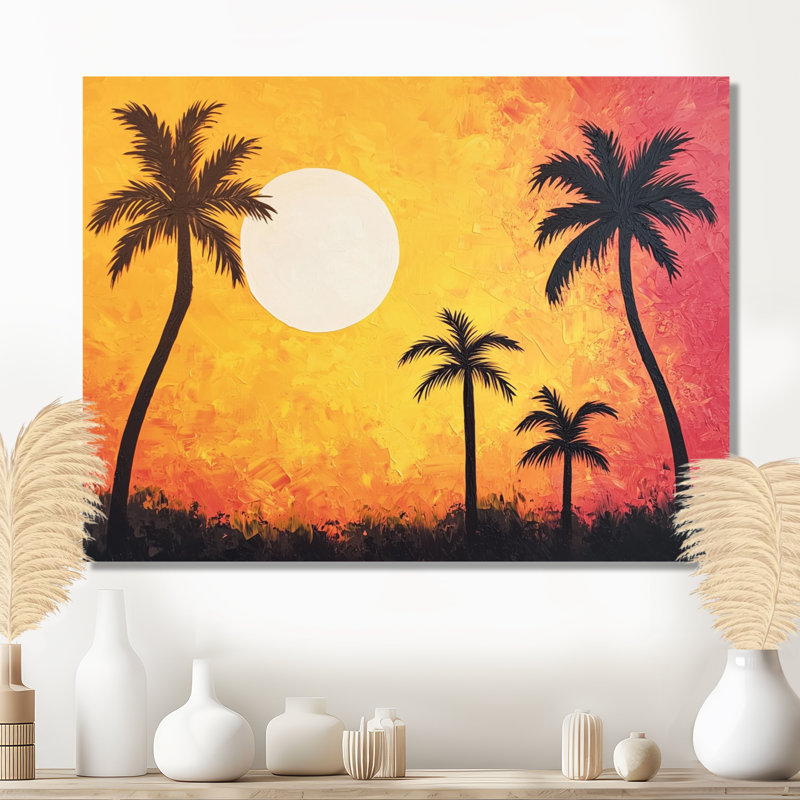 Coucher de soleil oasis de palmiers I - décor floral en métal, impression de palmiers, H 12 po x l 20 po x P 0,84 po