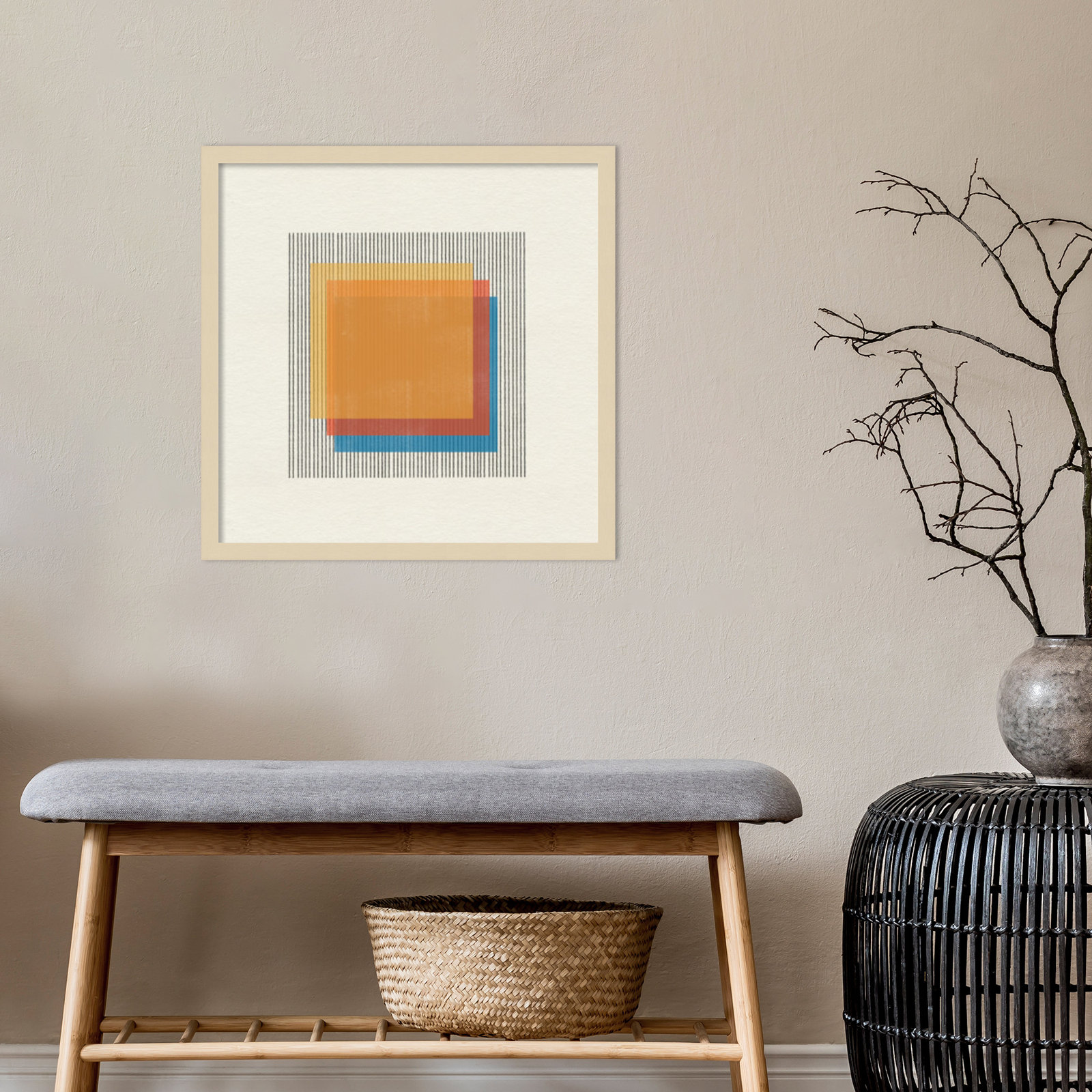 Midcentury Modern Squares No 1 Print, Brown Framed, 21" H x 21" W x 1" D