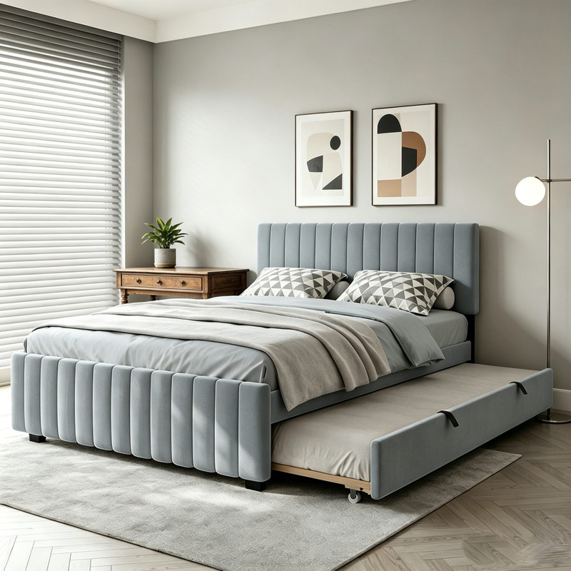 Lit plateforme tapissier en velours avec lit gigogne, gris, Grand lit