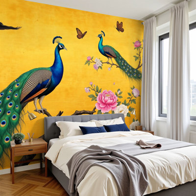 Chinoiserie Peel and Stick Wallpaper Peacocks Blossoming Branches Butterflies Vibrant Yellow Landscape Wall Murals 100"H x 144"W Removable PVC Wall Paper Self-Adhesive Oriental Wall Decor for Bedroom Living Room