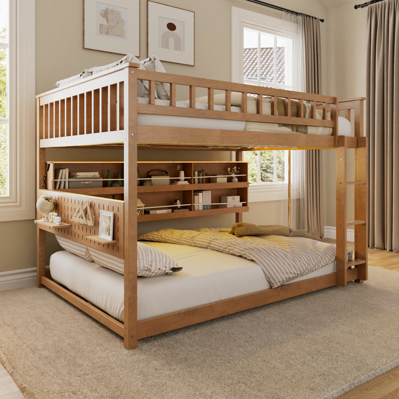Full over Full Bunk Bed with Storage Shelf, Color-Changing Lights & Pegboard for Teens and Adults, Brown, Full Over Full