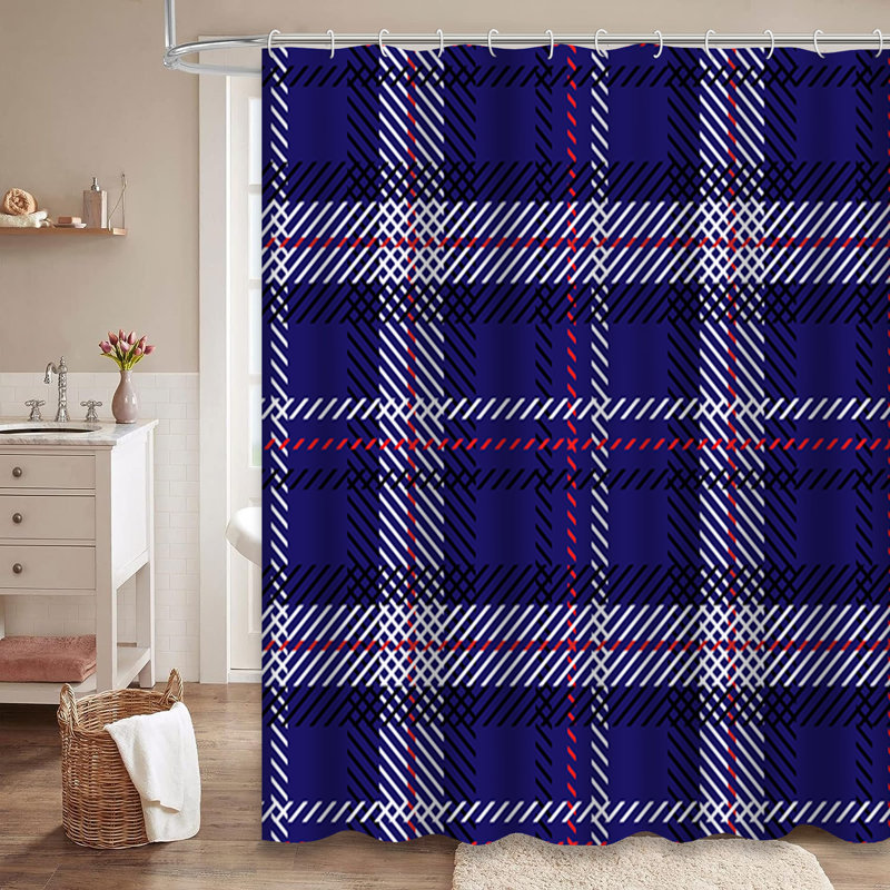 Royal Blue Black White Scottish Tartan Plaid Shower Curtain with 12 Hooks, L 84 po x l 72 po