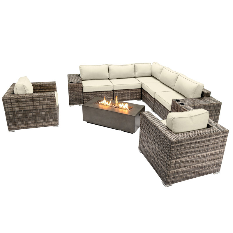 Lsi Fully Assembled 6 Person Seating Group With  Sunbrella Cushions And Concrete Firepit, Sunbrella Canvas