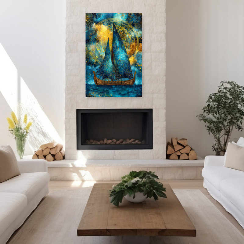 «Mystic Blue Viking Ship Dreamy Ethereal Mystical Rose Ocean Landscape», art mural, H 48 po x l 32 po