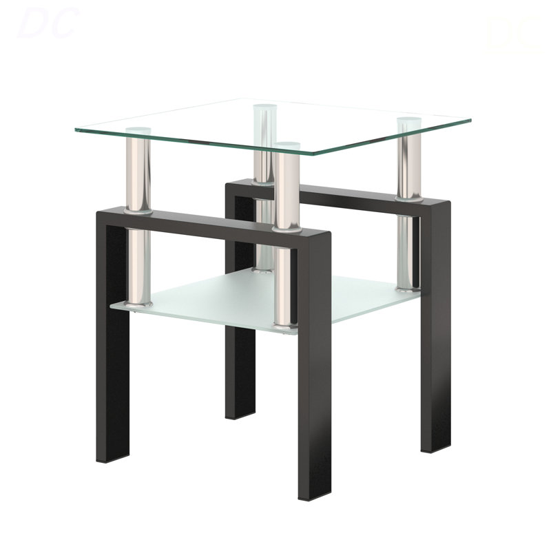 Table de bout de table basse en verre trempé 1 pièce, table de bout carrée pour salon, transparent / noir, table, Transparent