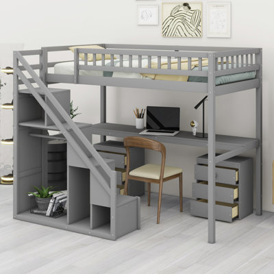 Lit mezzanine avec deux commodes, bureau et bande lumineuse