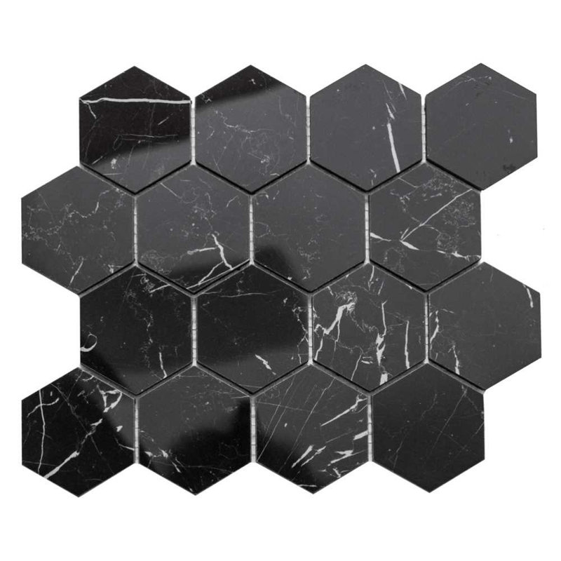 Stately Hex 11" x 14" Porcelain Novelty Marble Look Wall & Floor Tile, Marquina Black