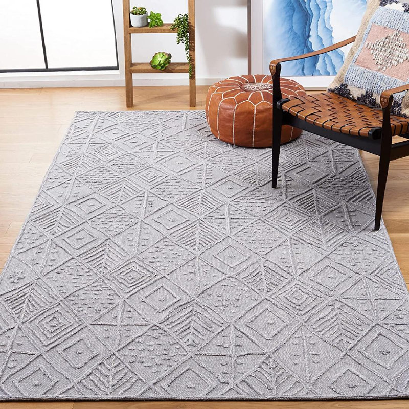 Barzan Textual Hand Tufted Wool/Cotton Geometric Rug in Gray, Rectangle 3' x 5'
