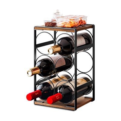 Wood Countertop Wine Rack No Need Assembly 6 Bottles Black + Rustic Brown