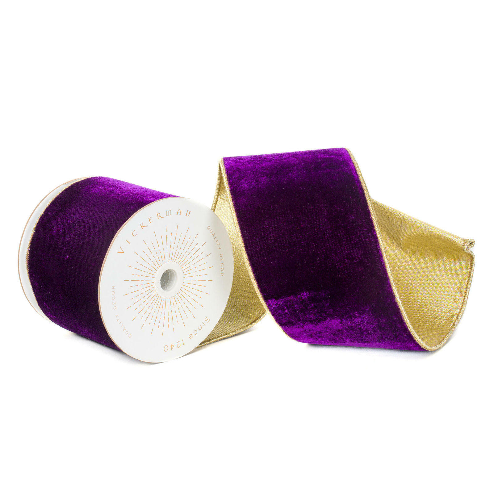 Vickerman 10 Yds Velvet with Gold Trim/Backing Ribbon., 0.2" H x 360" W x 4" D, Purple