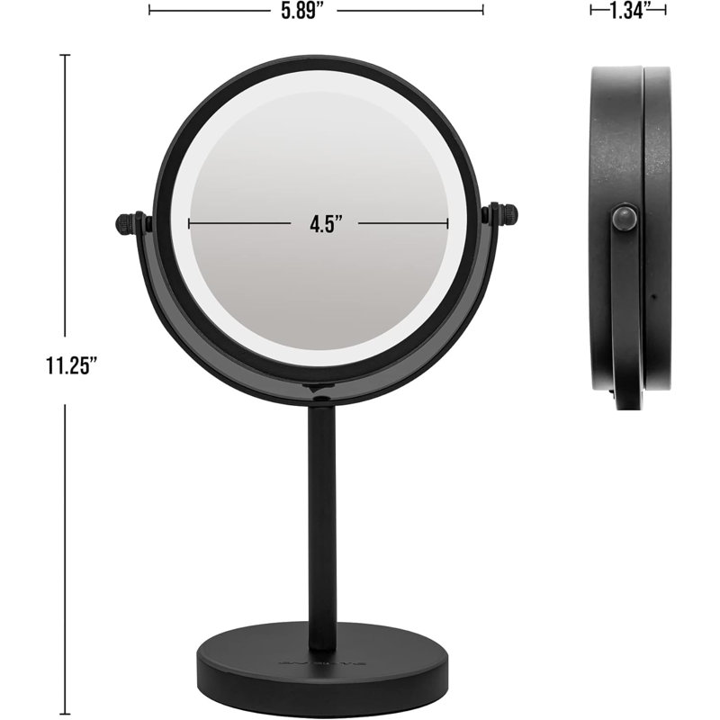 OVENTE 6" Lighted Makeup Mirror with 1X/7X Magnification, Cordless Tabletop Mount Vanity Round Mirror with 360° Swivel Design and Double Sided Cool Tone LED Ring Light, Matte Black MLT60B1X7X
