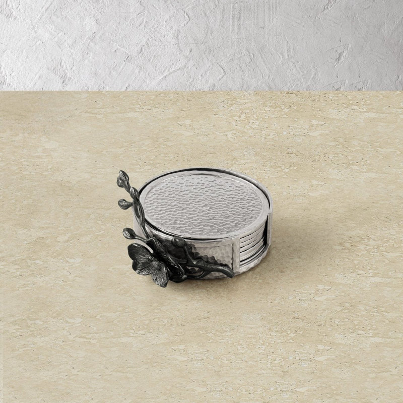Black Orchid Coaster Set With Holder