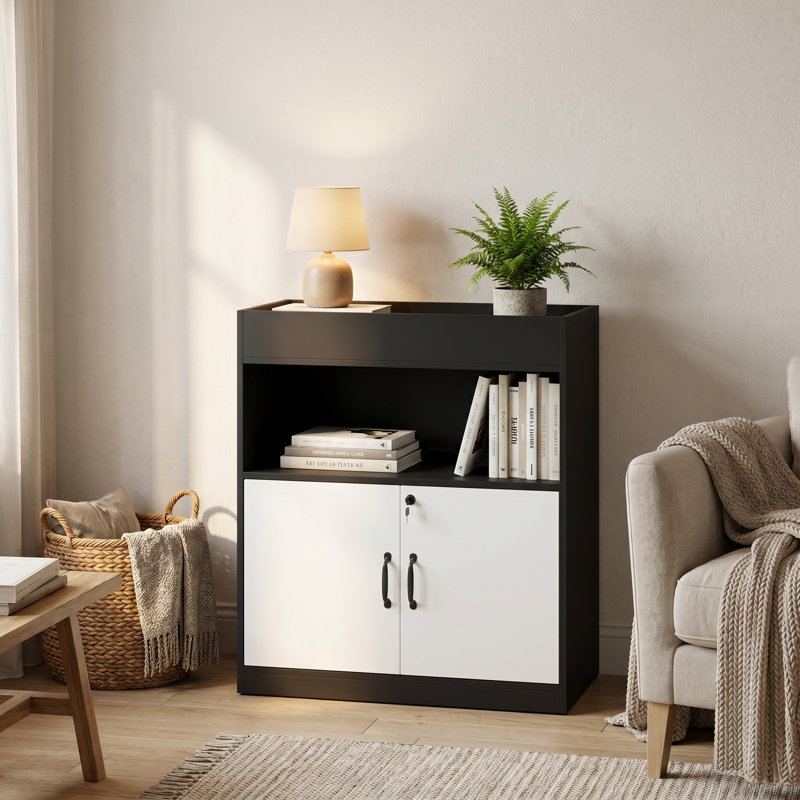 Table de chevet de rangement 35,4 po noir et blanc avec tablette ouverte et armoire fermée