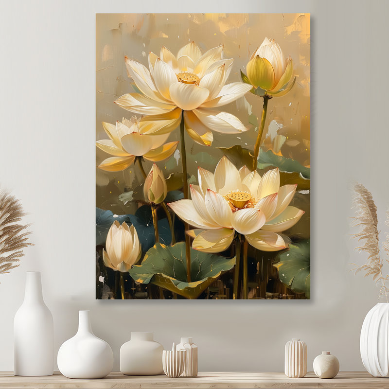 «White Green Blooming Lotus Gardens I», impression d'art mural Lotus, Sans cadre, métal, H 34 po x l 44 po